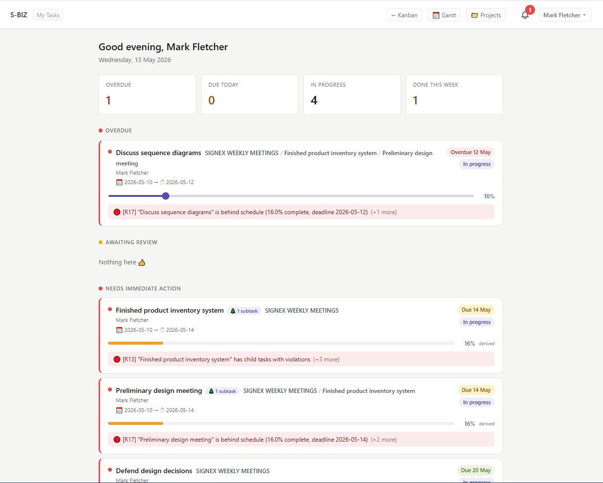 S-BIZ My Tasks personal task list grouped by urgency